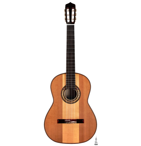 The front of a 2023 Andrea Tacchi "Coclea Thucea - Alter Ego" classical guitar.