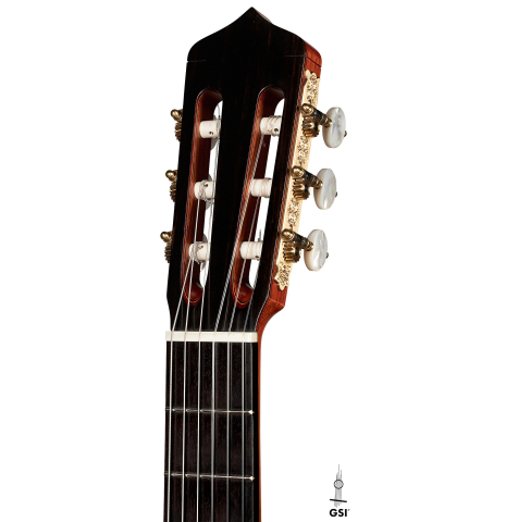 The headstock of a 2023 Andrea Tacchi "Coclea Thucea - Alter Ego" classical guitar.