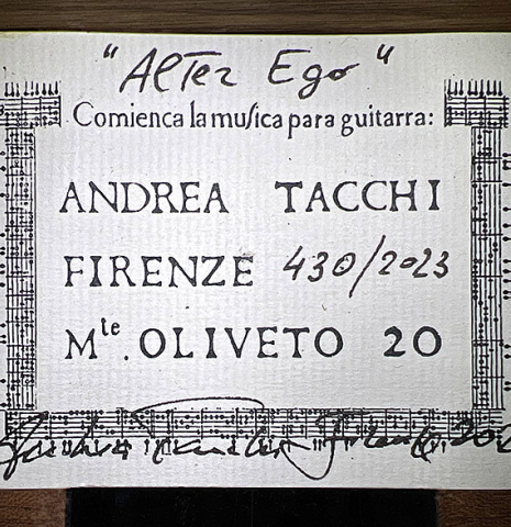 The label of a 2023 Andrea Tacchi "Coclea Thucea - Alter Ego" classical guitar.