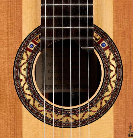 The rosette of a 2023 Andrea Tacchi "Coclea Thucea - Alter Ego" classical guitar.