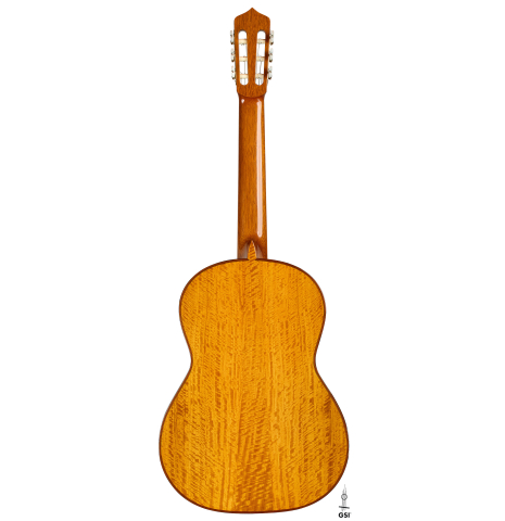 The back of a 2025 Andrea Tacchi "Coclea Thucea - Satin" classical guitar made of cedar/spruce and satinwood
