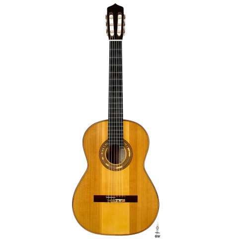 The front of a 2025 Andrea Tacchi "Coclea Thucea - Satin" classical guitar made of cedar/spruce and satinwood