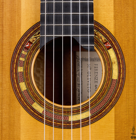 The rosette of a 2025 Andrea Tacchi "Coclea Thucea - Satin" classical guitar made of cedar/spruce and satinwood