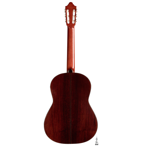 The back of a 2020 Giovanni Tacchi classical guitar Friederich model made of cedar and Indian rosewood