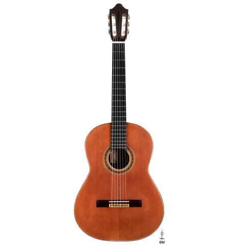 The front of a 2020 Giovanni Tacchi classical guitar Friederich model made of cedar and Indian rosewood