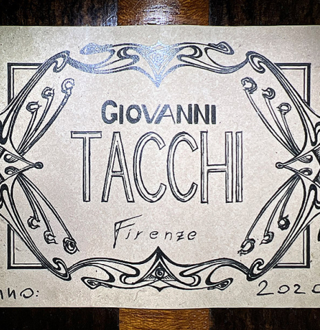 The label of a 2020 Giovanni Tacchi classical guitar Friederich model made of cedar and Indian rosewood