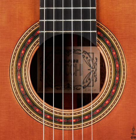 The rosette of a 2020 Giovanni Tacchi classical guitar Friederich model made of cedar and Indian rosewood