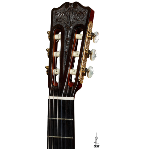The headstock of a 2006 Andrea Tacchi "Omaggio a Francisco Simplicio" classical guitar made of spruce and CSA rosewood