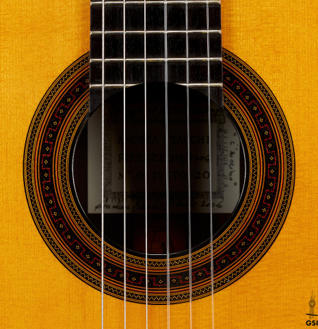 The rosette of a 2006 Andrea Tacchi "Omaggio a Francisco Simplicio" classical guitar made of spruce and CSA rosewood