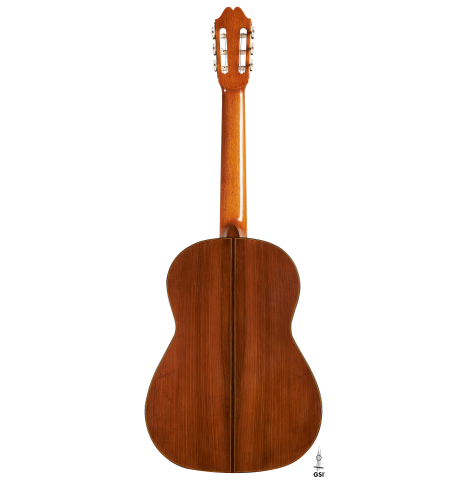 The back of a 2010 Andrea Tacchi "Omaggio a Robert Bouchet" classical guitar made of spruce and CSA rosewood