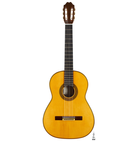 The front of a 2010 Andrea Tacchi "Omaggio a Robert Bouchet" classical guitar made of spruce and CSA rosewood