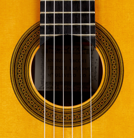 The rosette of a 2010 Andrea Tacchi "Omaggio a Robert Bouchet" classical guitar made of spruce and CSA rosewood