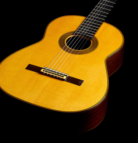 The soundboard of a 2010 Andrea Tacchi "Omaggio a Robert Bouchet" classical guitar made of spruce and CSA rosewood