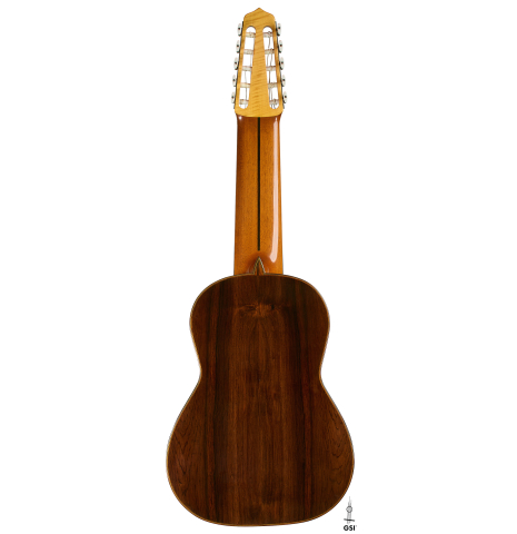 The back of a 1988 Andrea Tacchi "10-string" classical guitar made of spruce and CSA rosewood