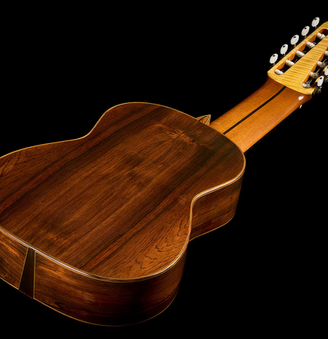 The back and sides of a 1988 Andrea Tacchi "10-string" classical guitar made of spruce and CSA rosewood
