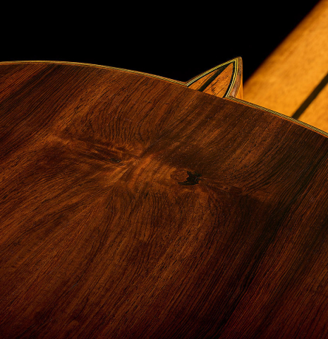 The heel and back center seam of a 1988 Andrea Tacchi "10-string" classical guitar made of spruce and CSA rosewood