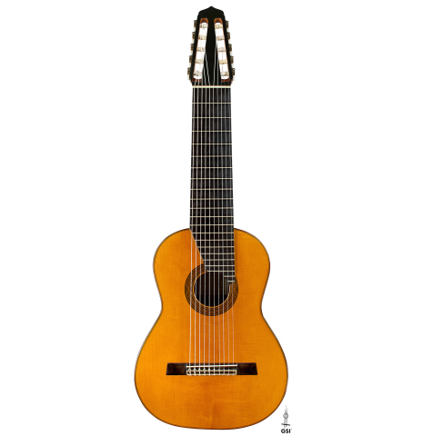 The front of a 1988 Andrea Tacchi "10-string" classical guitar made of spruce and CSA rosewood