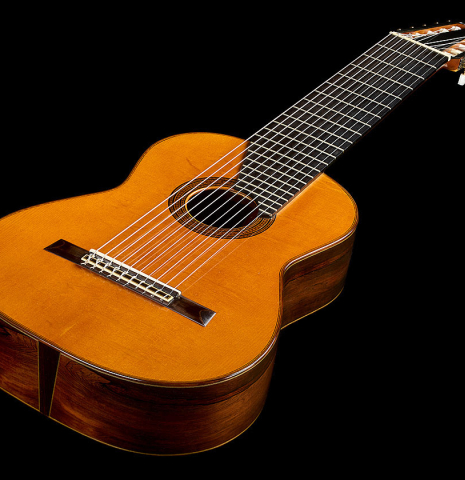 The soundboard and sides of a 1988 Andrea Tacchi "10-string" classical guitar made of spruce and CSA rosewood