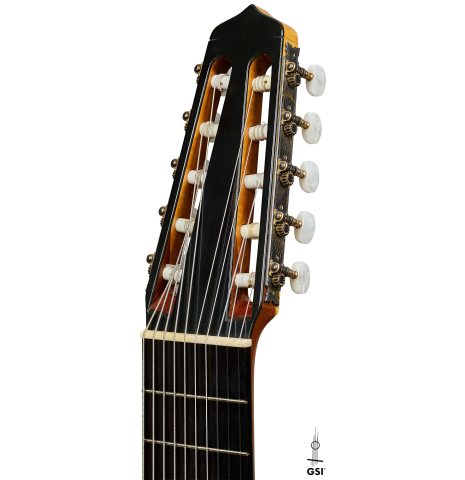 The headstock of a 1988 Andrea Tacchi "10-string" classical guitar made of spruce and CSA rosewood