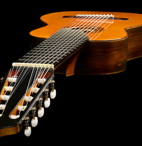 View from the headstock of a 1988 Andrea Tacchi "10-string" classical guitar made of spruce and CSA rosewood
