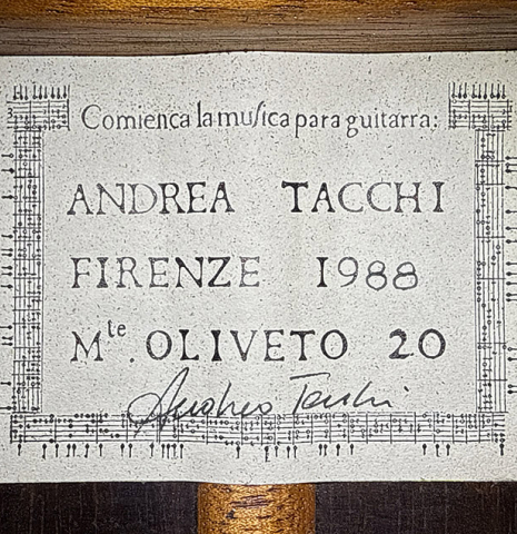 The label of a 1988 Andrea Tacchi "10-string" classical guitar made of spruce and CSA rosewood