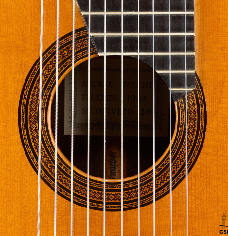 The rosette of a 1988 Andrea Tacchi "10-string" classical guitar made of spruce and CSA rosewood