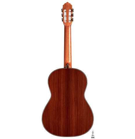 The back of 2022 Marco Tejeda &quot;Chamberi&quot; classical guitar made with sprue and African rosewood