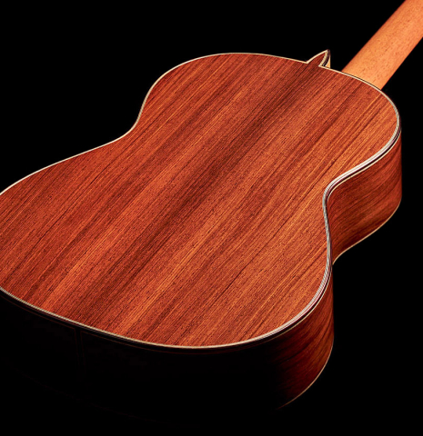 The back of 2022 Marco Tejeda "Chamberi" classical guitar made with sprue and African rosewood