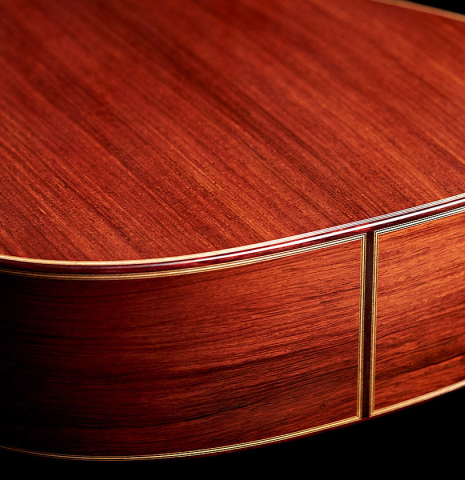 The back and sides of 2022 Marco Tejeda "Chamberi" classical guitar made with sprue and African rosewood