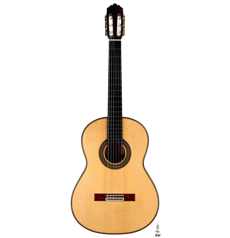 The front of 2022 Marco Tejeda &quot;Chamberi&quot; classical guitar made with sprue and African rosewood