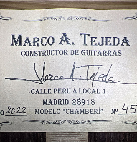 The label of 2022 Marco Tejeda &quot;Chamberi&quot; classical guitar made with sprue and African rosewood