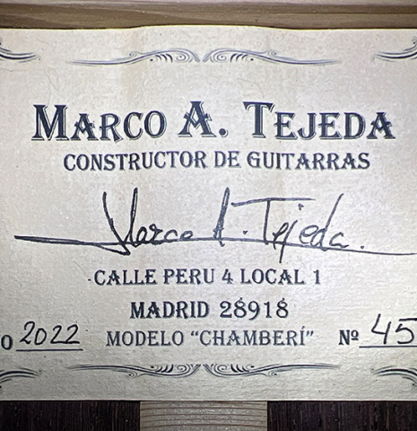 The label of 2022 Marco Tejeda "Chamberi" classical guitar made with sprue and African rosewood