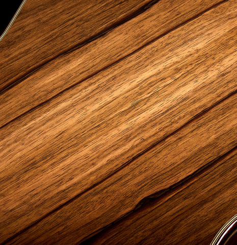The back center seam of a 2026 Marco Tejeda "Chamberi" classical guitar made of cedar and green ebony