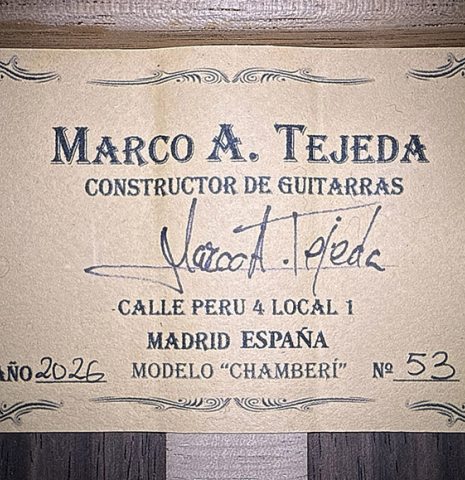 The label of a 2026 Marco Tejeda "Chamberi" classical guitar made of cedar and green ebony