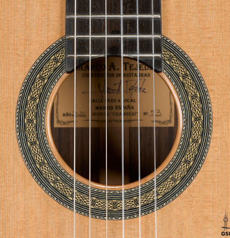The rosette of a 2026 Marco Tejeda "Chamberi" classical guitar made of cedar and green ebony