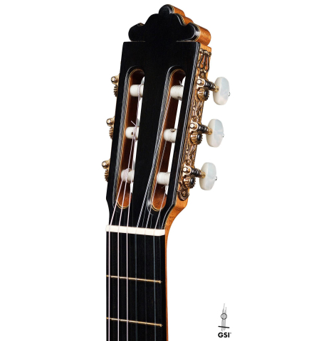 The headstock and machine heads of a 2009 Mariano Tezanos "Maestro" classical guitar made with spruce and CSA rosewood