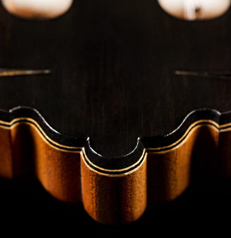 The close-up of a headstock of a 2009 Mariano Tezanos &quot;Maestro&quot; classical guitar made with spruce and CSA rosewood