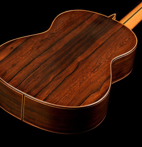 The back of a 2009 Mariano Tezanos "Maestro" classical guitar made with spruce and CSA rosewood