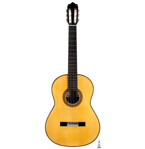 The front of a 2009 Mariano Tezanos "Maestro" classical guitar made with spruce and CSA rosewood