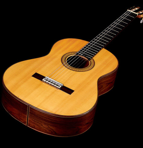 The front of a 1996 Tezanos-Perez classical guitar made with Spruce and CSA rosewood