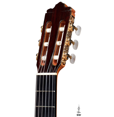 The headstock of a 1996 Tezanos-Perez classical guitar made with Spruce and CSA rosewood