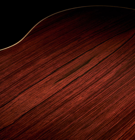 Closeup of the back of a 2002 Tezanos-Perez classical guitar made with Spruce and CSA rosewood