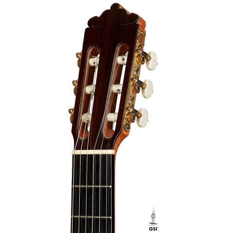 The headstock of a 2002 Tezanos-Perez classical guitar made with Spruce and CSA rosewood