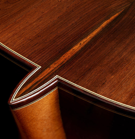 The heel, back binding and purfling of a 2002 Tezanos-Perez "Concierto" classical guitar made with cedar and CSA rosewood