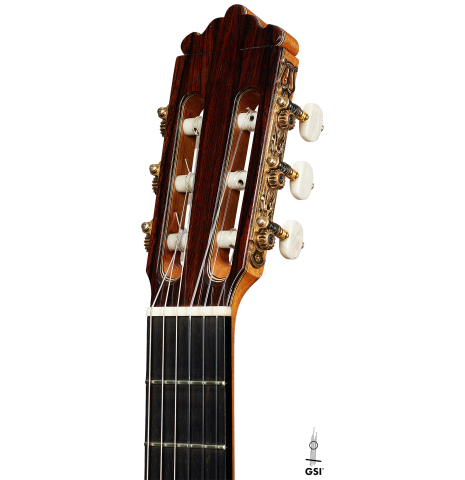The headstock of a 2002 Tezanos-Perez "Concierto" classical guitar made with cedar and CSA rosewood