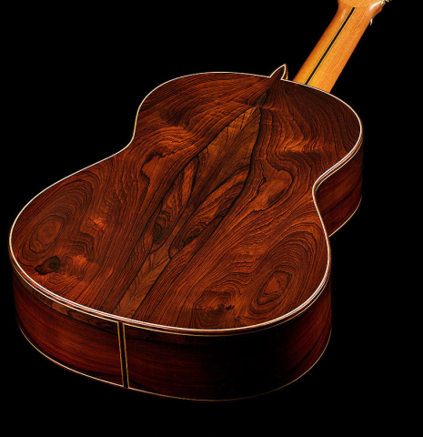 The back and sides of a 2006 Mariano Tezanos "Maestro" classical guitar (ex Scott Tennant) made of cedar and CSA rosewood