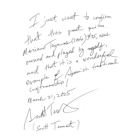 The signed letter of provenance of a 2006 Mariano Tezanos "Maestro" classical guitar (ex Scott Tennant) made of cedar and CSA rosewood