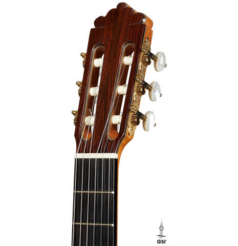 The headstock of a 2006 Mariano Tezanos "Maestro" classical guitar (ex Scott Tennant) made of cedar and CSA rosewood