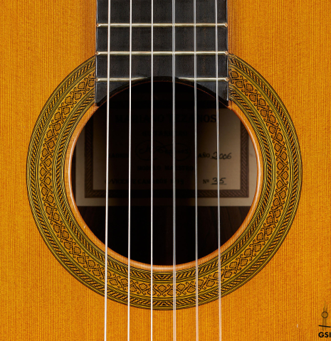 The rosette of a 2006 Mariano Tezanos "Maestro" classical guitar (ex Scott Tennant) made of cedar and CSA rosewood