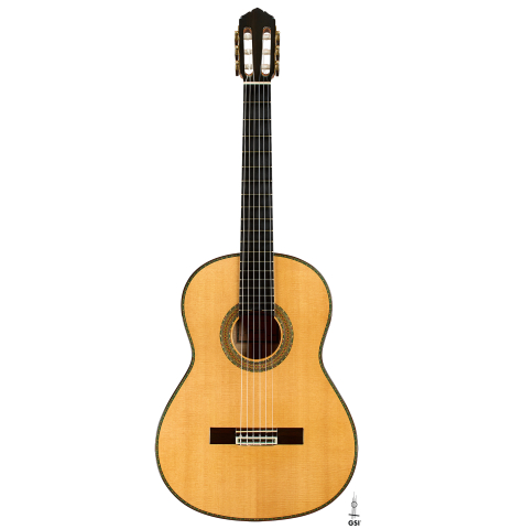 The front of a 2010 Sergio Tezanos classical guitar made of spruce and maple